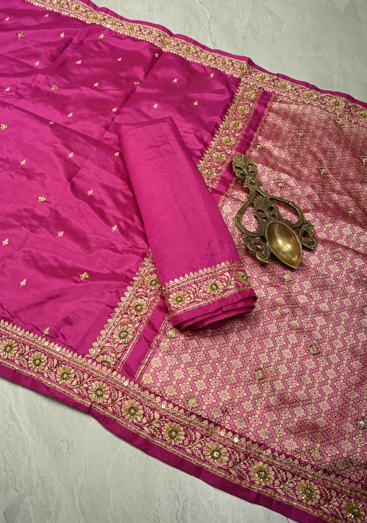 Orchid Berry Sequins, Cutdana, Moti work on Katan Silk Saree with Resham Buttis | SILK MARK CERTIFIED