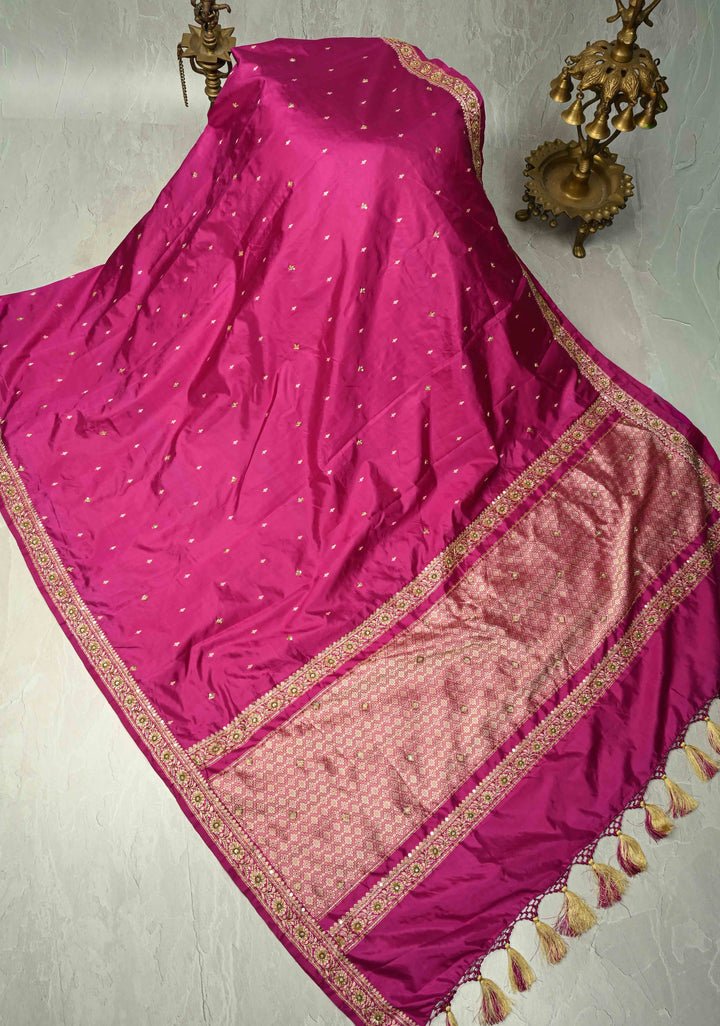 Orchid Berry Sequins, Cutdana, Moti work on Katan Silk Saree with Resham Buttis | SILK MARK CERTIFIED