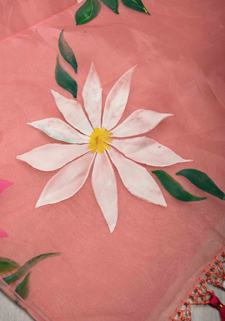 Peach Pink Organza Saree with Flowers Hand painted, No Blouse Piece | SHOBITAM