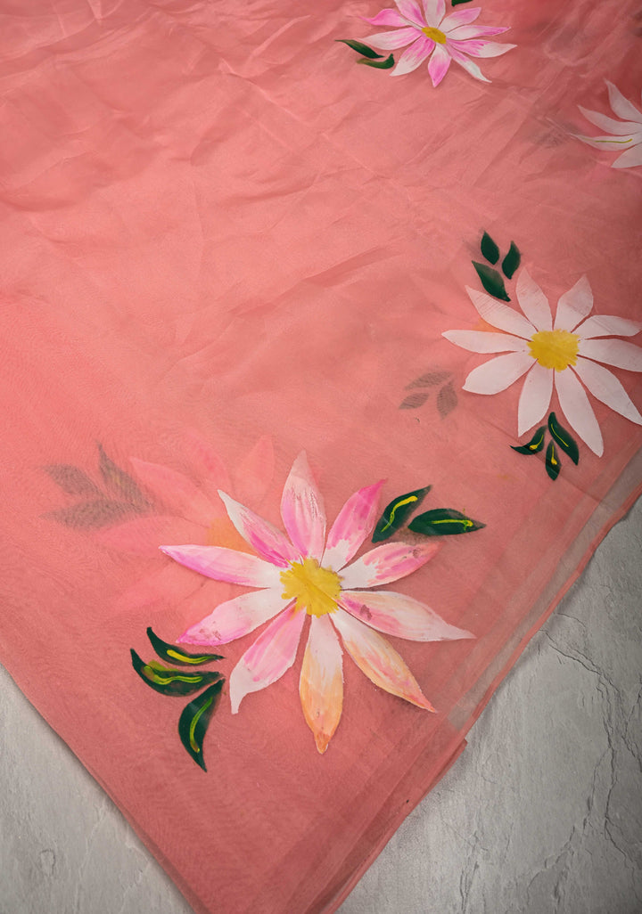 Peach Pink Organza Saree with Flowers Hand painted, No Blouse Piece | SHOBITAM
