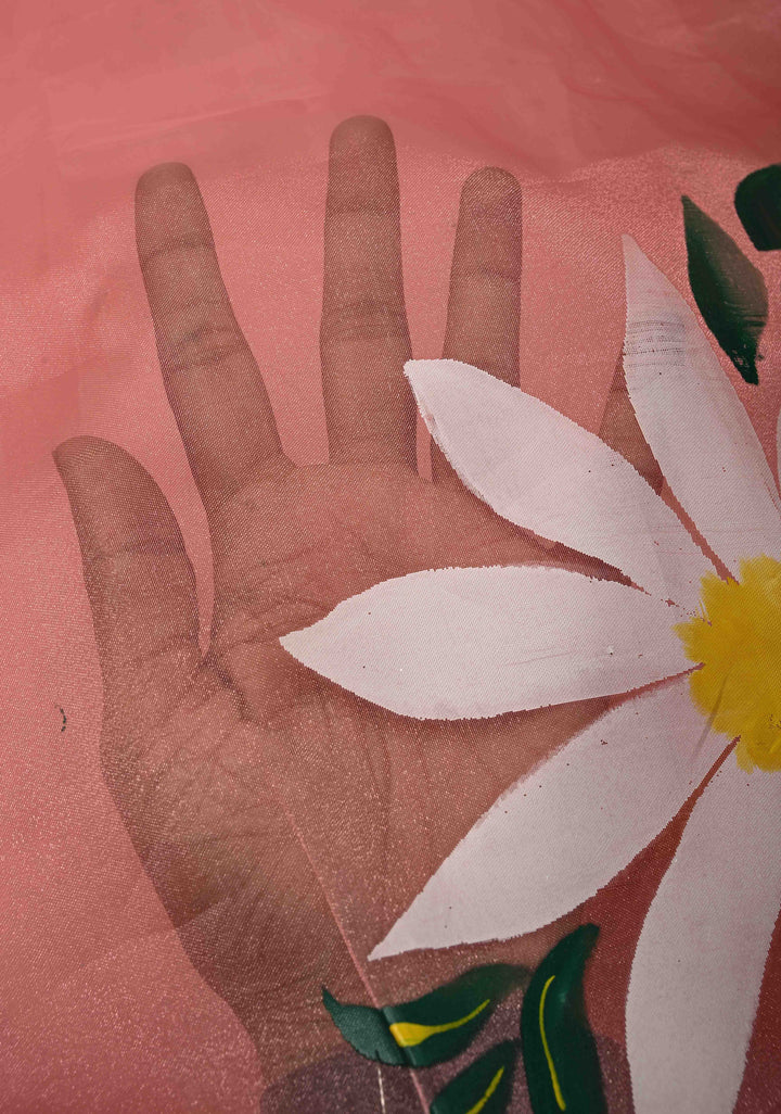 Peach Pink Organza Saree with Flowers Hand painted, No Blouse Piece | SHOBITAM