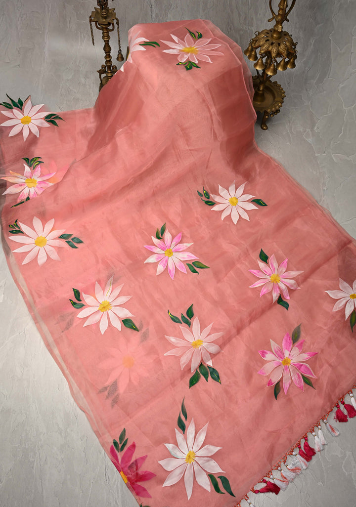 Peach Pink Organza Saree with Flowers Hand painted, No Blouse Piece | SHOBITAM