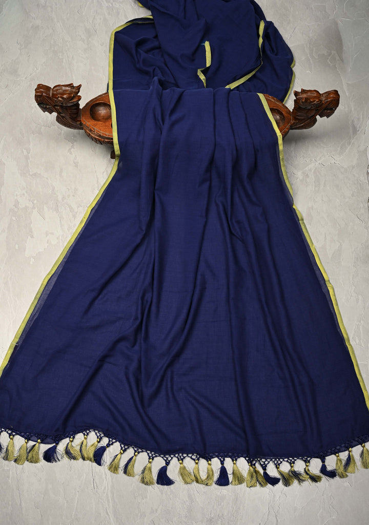 Navy Blue Mulmul Cotton Saree with tassels No Blouse piece