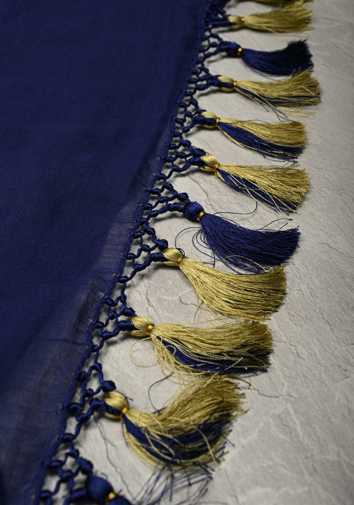 Navy Blue Mulmul Cotton Saree with tassels No Blouse piece