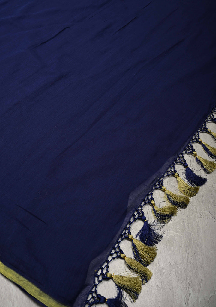 Navy Blue Mulmul Cotton Saree with tassels No Blouse piece