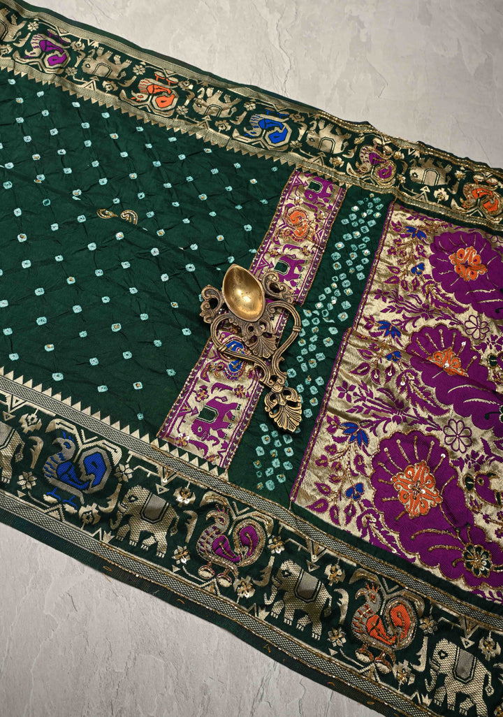 Forest Green Crushed Bandhini on Art Silk Saree with Meenakari Zari Border and Peacock Motifs on Pallu