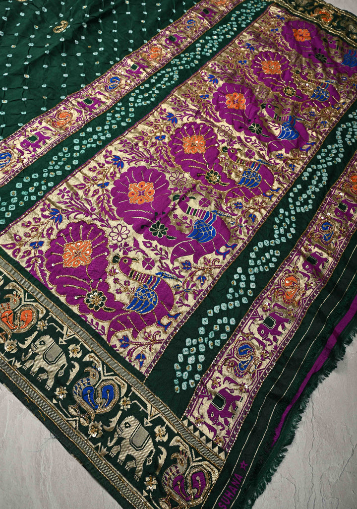 Forest Green Crushed Bandhini on Art Silk Saree with Meenakari Zari Border and Peacock Motifs on Pallu