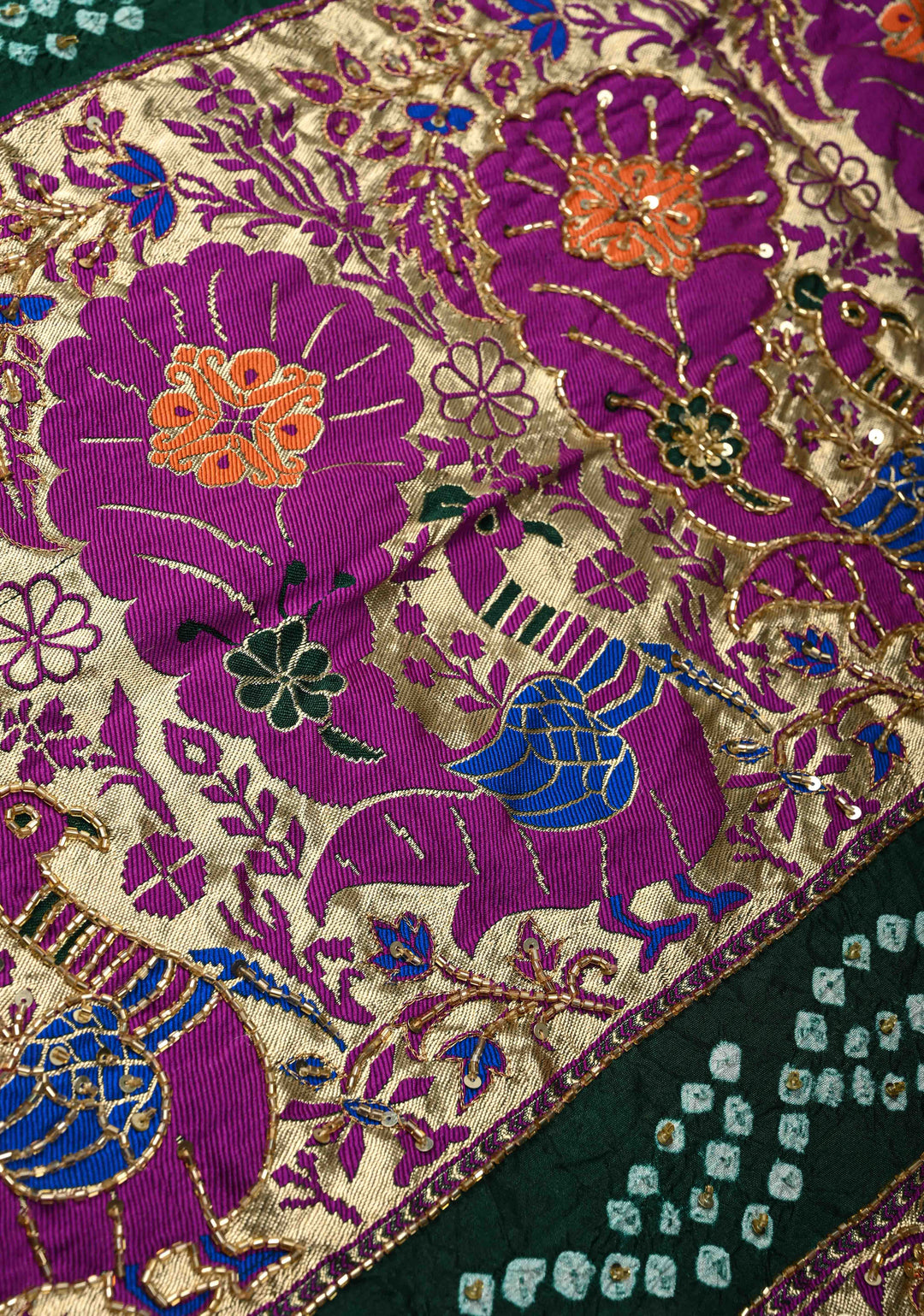 Forest Green Crushed Bandhini on Art Silk Saree with Meenakari Zari Border and Peacock Motifs on Pallu