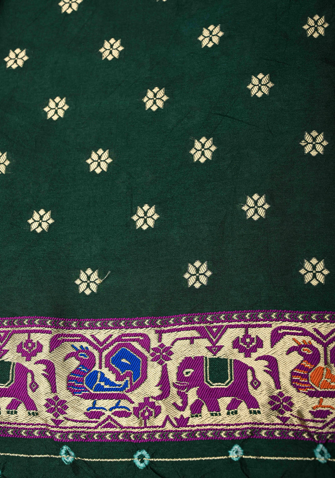 Forest Green Crushed Bandhini on Art Silk Saree with Meenakari Zari Border and Peacock Motifs on Pallu