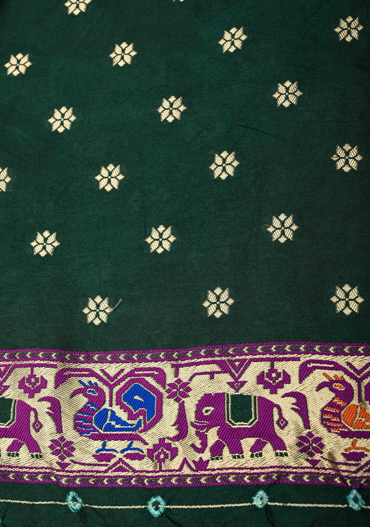 Forest Green Crushed Bandhini on Art Silk Saree with Meenakari Zari Border and Peacock Motifs on Pallu