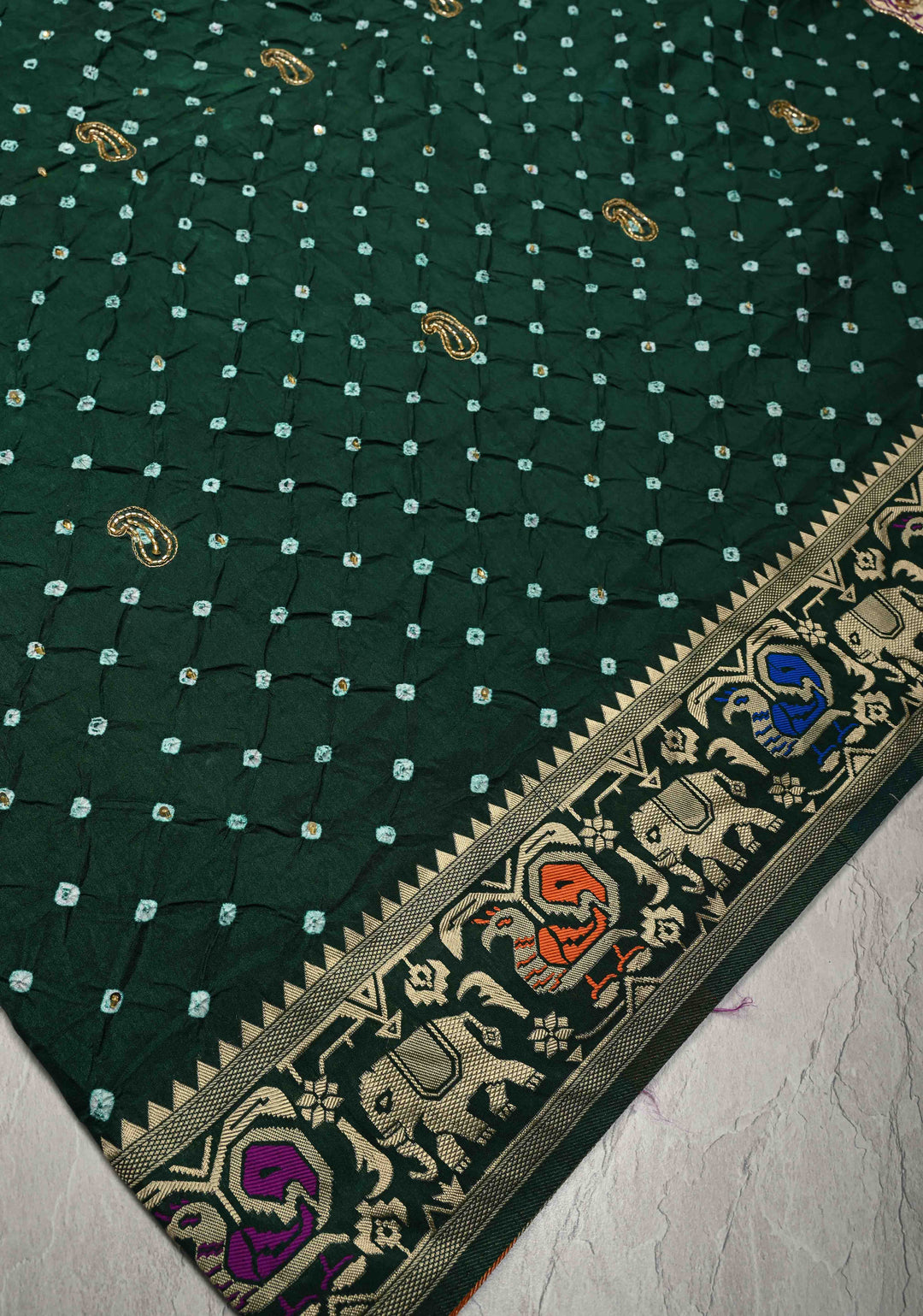 Forest Green Crushed Bandhini on Art Silk Saree with Meenakari Zari Border and Peacock Motifs on Pallu