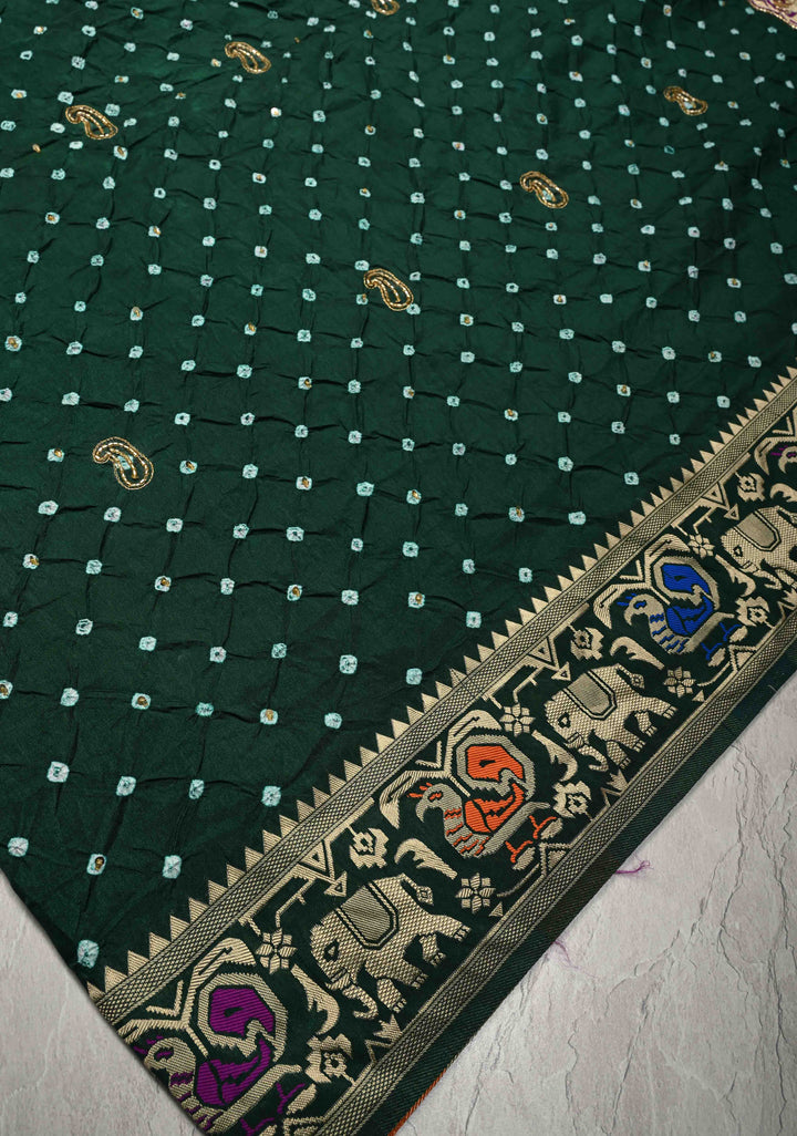 Forest Green Crushed Bandhini on Art Silk Saree with Meenakari Zari Border and Peacock Motifs on Pallu