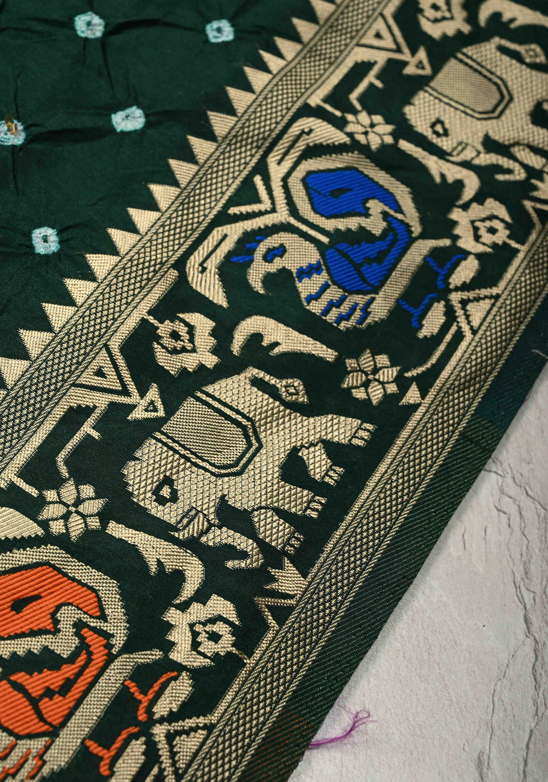 Forest Green Crushed Bandhini on Art Silk Saree with Meenakari Zari Border and Peacock Motifs on Pallu