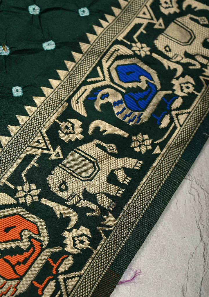 Forest Green Crushed Bandhini on Art Silk Saree with Meenakari Zari Border and Peacock Motifs on Pallu