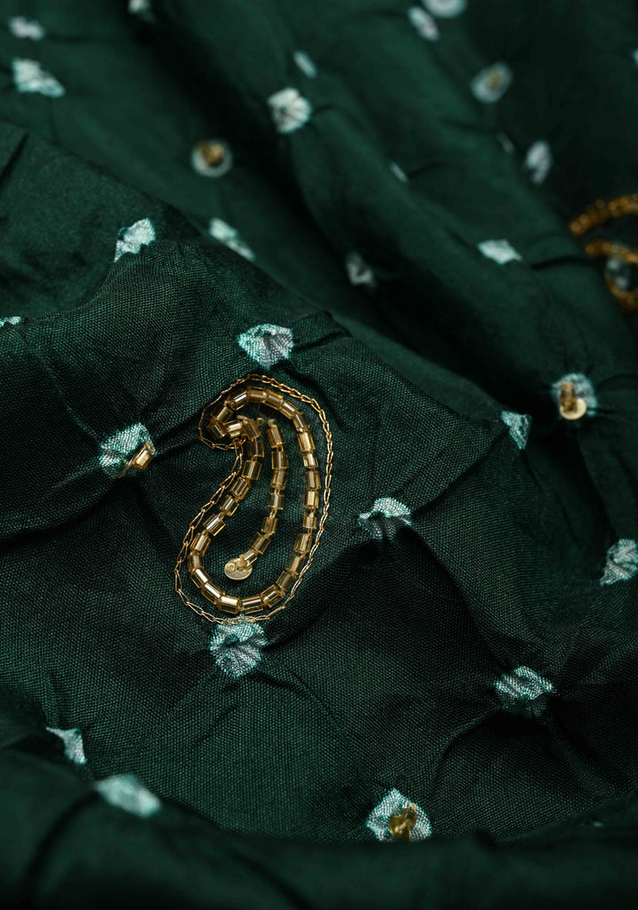 Forest Green Crushed Bandhini on Art Silk Saree with Meenakari Zari Border and Peacock Motifs on Pallu