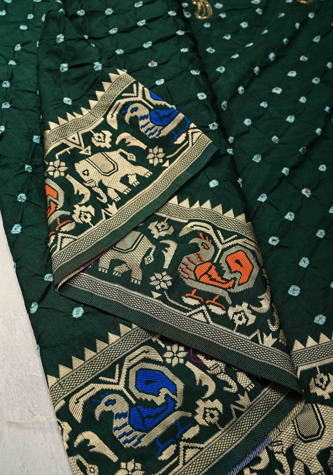 Forest Green Crushed Bandhini on Art Silk Saree with Meenakari Zari Border and Peacock Motifs on Pallu
