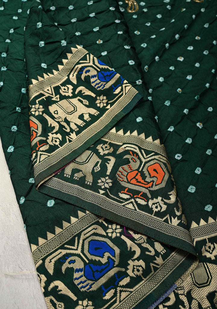 Forest Green Crushed Bandhini on Art Silk Saree with Meenakari Zari Border and Peacock Motifs on Pallu