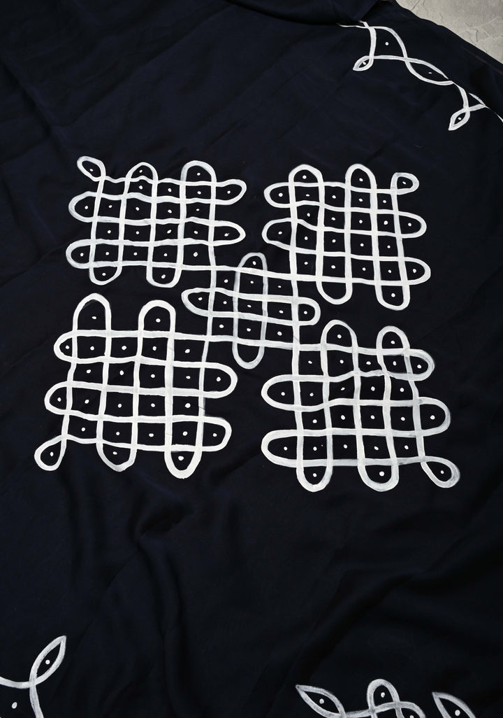 Deep Midnight Blue Shimmer Georgette Saree with Rangoli Hand Painted on Pallu , No Blouse Piece