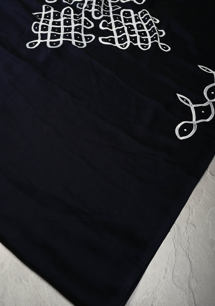 Deep Midnight Blue Shimmer Georgette Saree with Rangoli Hand Painted on Pallu , No Blouse Piece