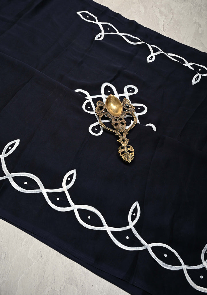 Deep Midnight Blue Shimmer Georgette Saree with Rangoli Hand Painted on Pallu , No Blouse Piece