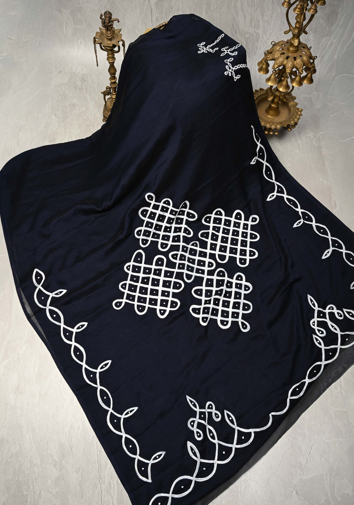 Deep Midnight Blue Shimmer Georgette Saree with Rangoli Hand Painted on Pallu , No Blouse Piece