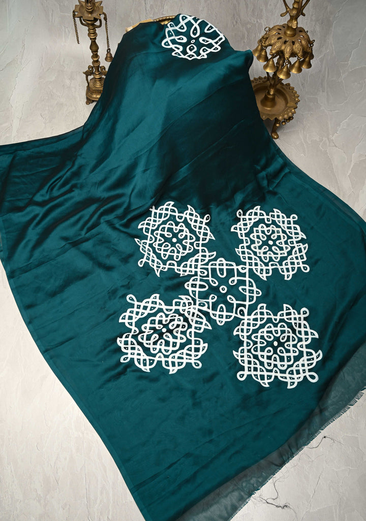 Teal Green Georgette Saree with Rangoli Design Hand Painting on Pallu, No Blouse Piece