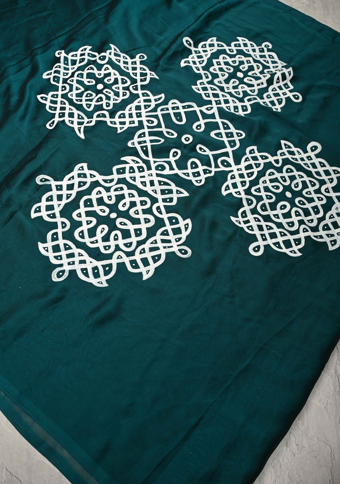 Teal Green Georgette Saree with Rangoli Design Hand Painting on Pallu, No Blouse Piece