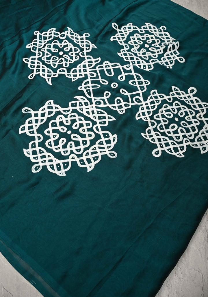 Teal Green Georgette Saree with Rangoli Design Hand Painting on Pallu, No Blouse Piece
