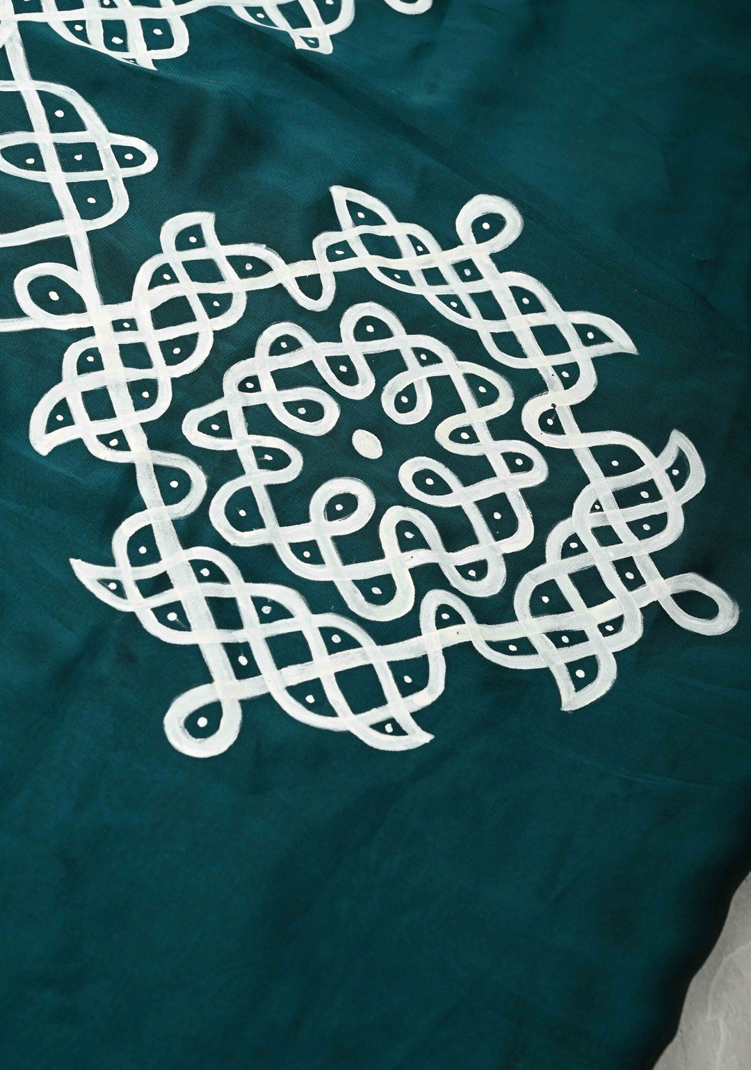 Teal Green Georgette Saree with Rangoli Design Hand Painting on Pallu, No Blouse Piece