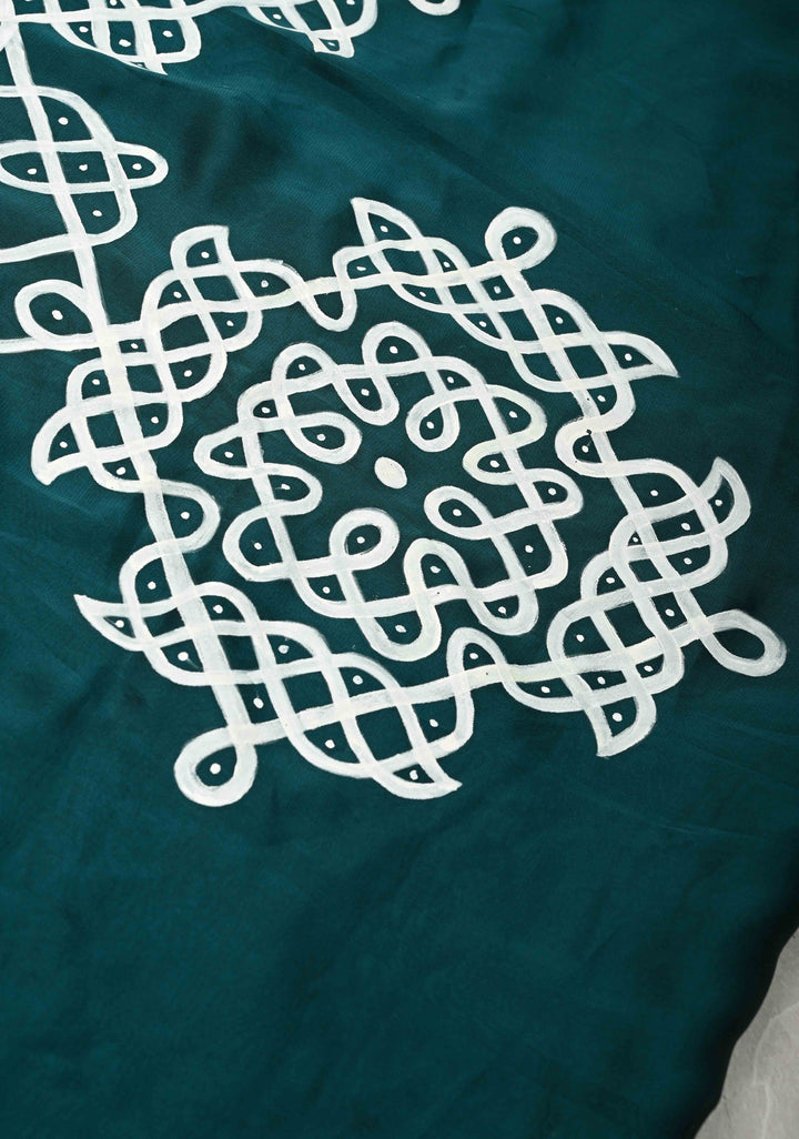 Teal Green Georgette Saree with Rangoli Design Hand Painting on Pallu, No Blouse Piece