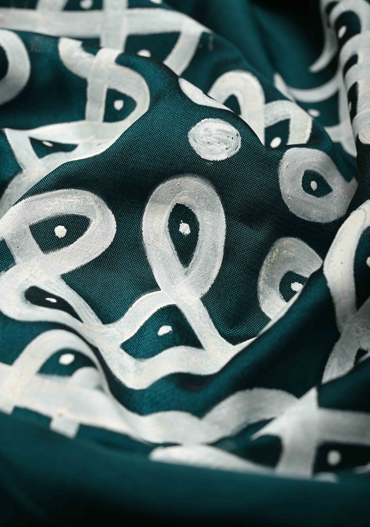 Teal Green Georgette Saree with Rangoli Design Hand Painting on Pallu, No Blouse Piece
