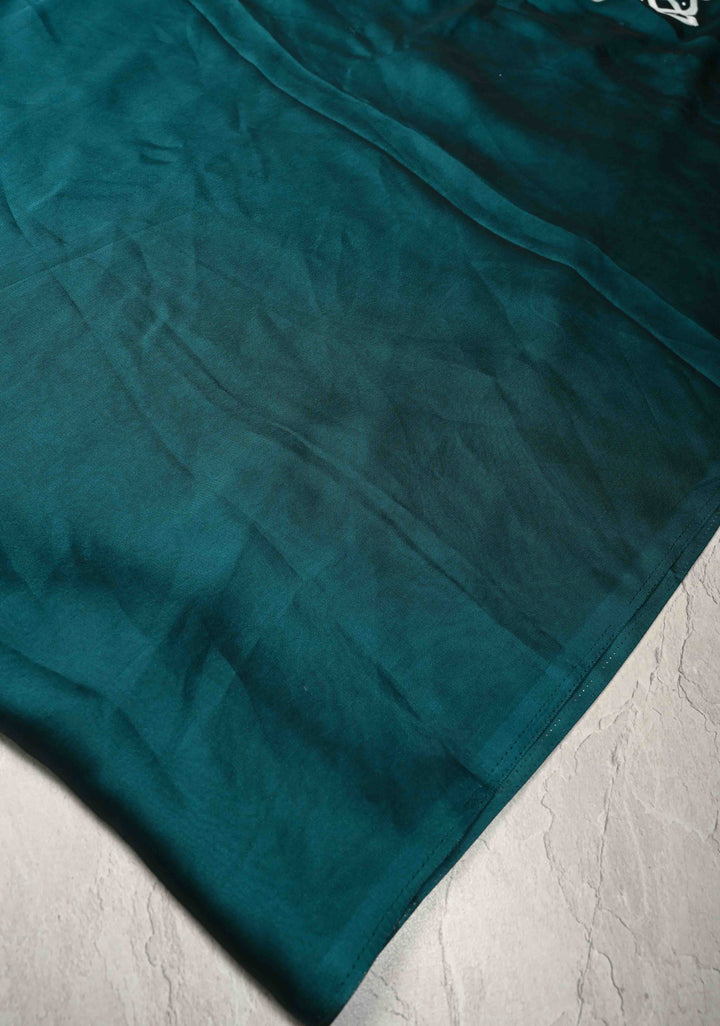 Teal Green Georgette Saree with Rangoli Design Hand Painting on Pallu, No Blouse Piece