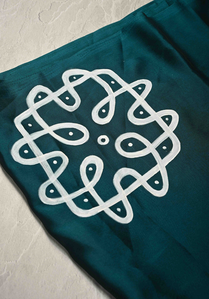 Teal Green Georgette Saree with Rangoli Design Hand Painting on Pallu, No Blouse Piece