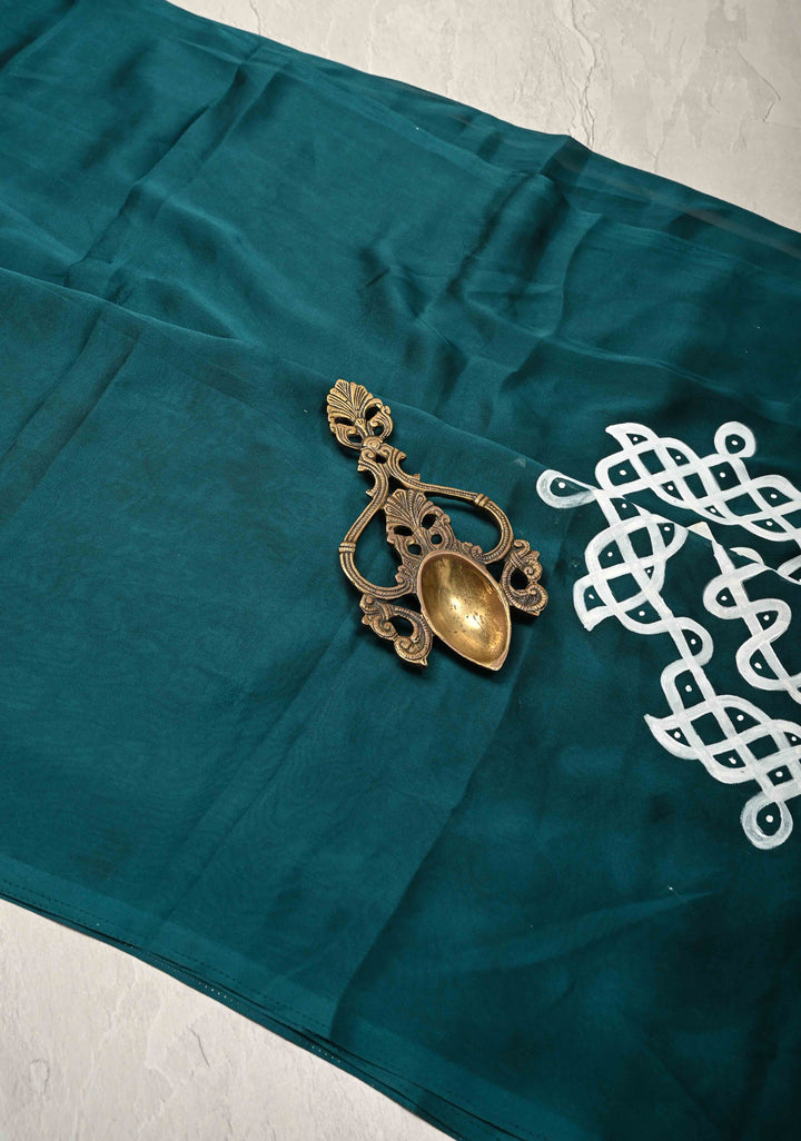 Teal Green Georgette Saree with Rangoli Design Hand Painting on Pallu, No Blouse Piece