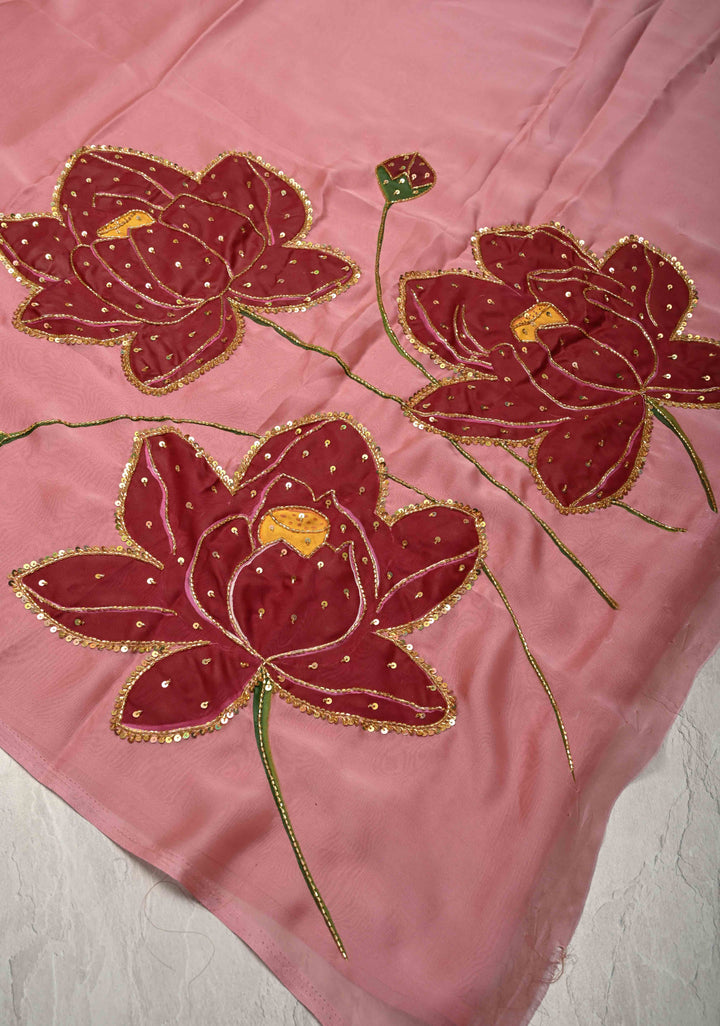 Dusty Rose Chiffon Saree with Lotus Hand Painted and Sequins-Cutdana Handwork , No Blouse Piece