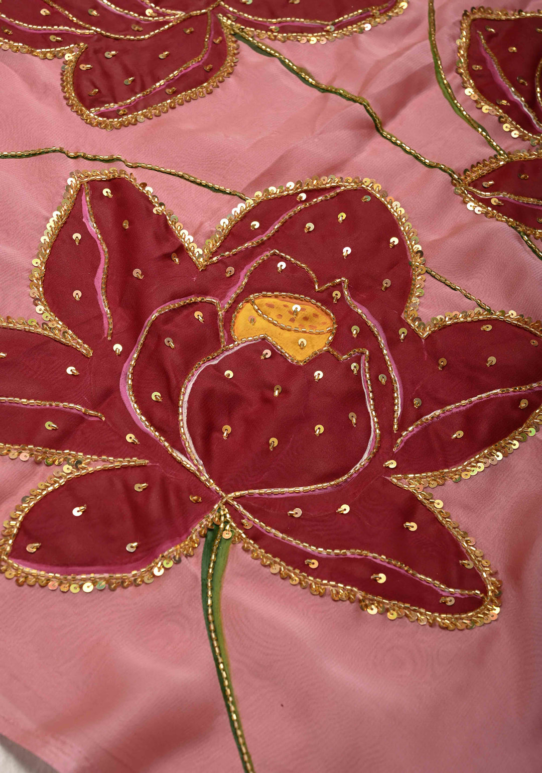 Dusty Rose Chiffon Saree with Lotus Hand Painted and Sequins-Cutdana Handwork , No Blouse Piece