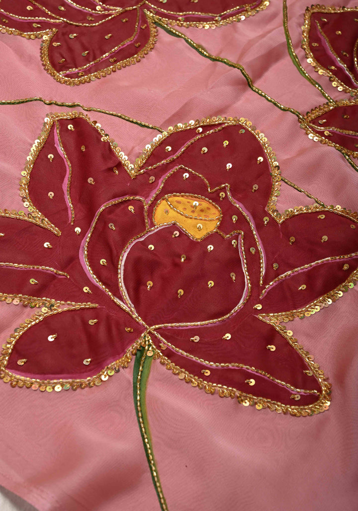 Dusty Rose Chiffon Saree with Lotus Hand Painted and Sequins-Cutdana Handwork , No Blouse Piece
