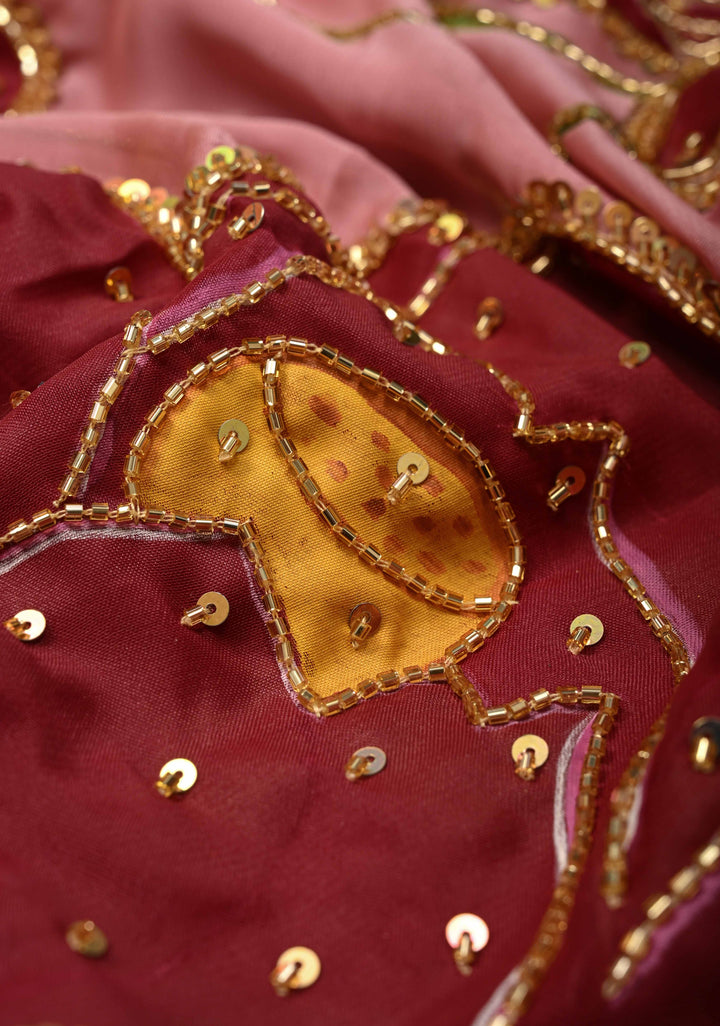 Dusty Rose Chiffon Saree with Lotus Hand Painted and Sequins-Cutdana Handwork , No Blouse Piece