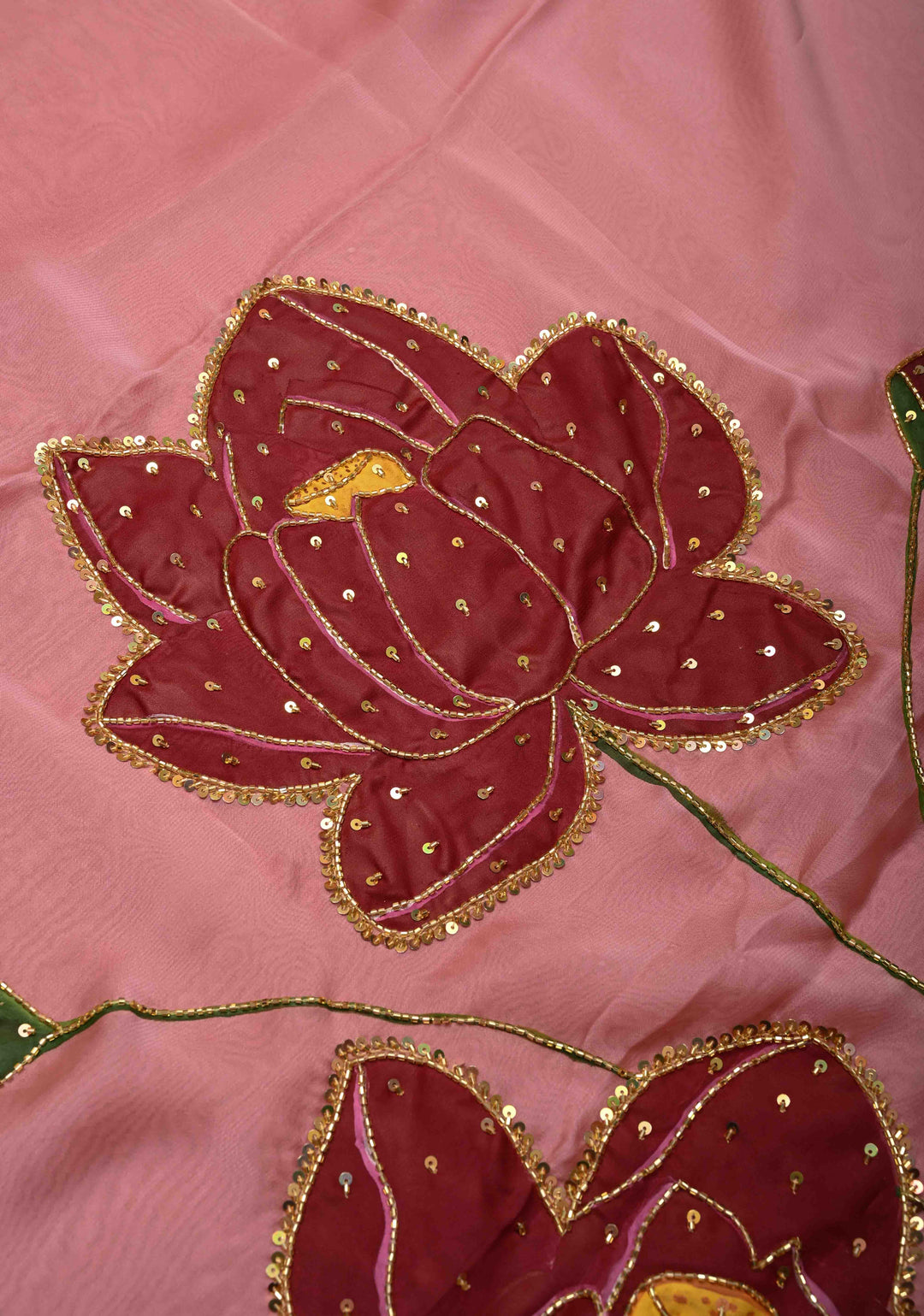 Dusty Rose Chiffon Saree with Lotus Hand Painted and Sequins-Cutdana Handwork , No Blouse Piece