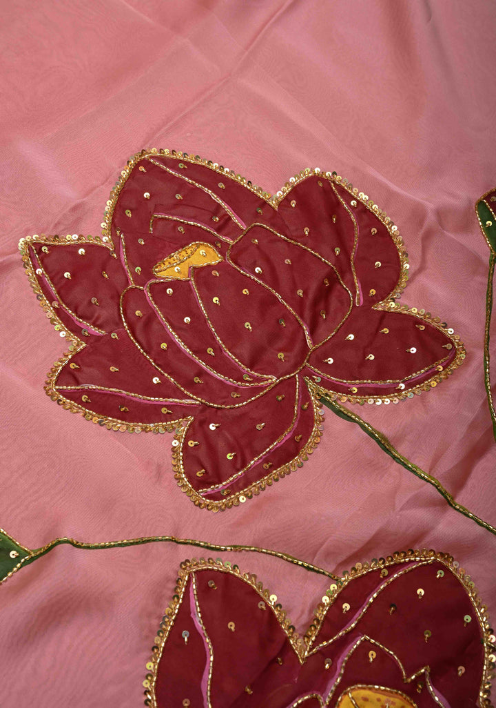 Dusty Rose Chiffon Saree with Lotus Hand Painted and Sequins-Cutdana Handwork , No Blouse Piece