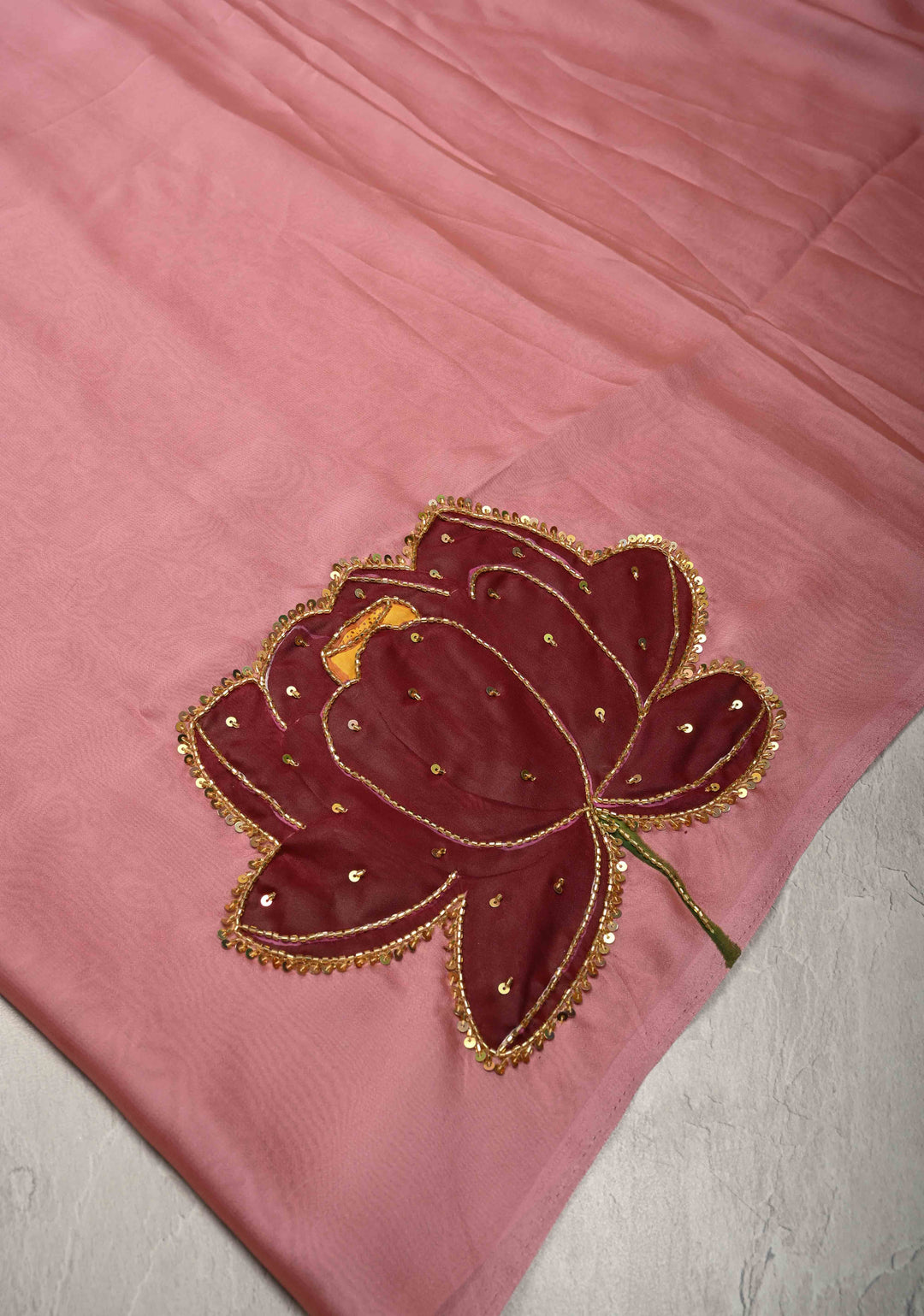 Dusty Rose Chiffon Saree with Lotus Hand Painted and Sequins-Cutdana Handwork , No Blouse Piece
