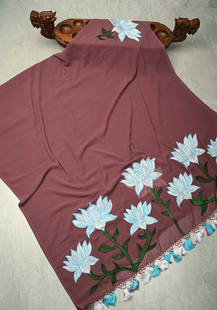 Fushia Pink Georgette Saree with Swan Hand Painting on Pallu, No Blouse Piece (Copy)