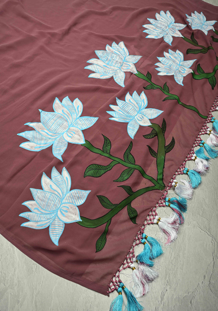 Fushia Pink Georgette Saree with Swan Hand Painting on Pallu, No Blouse Piece (Copy)