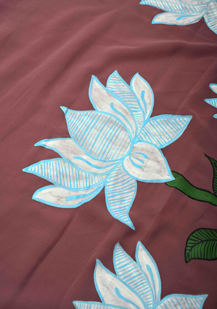 Fushia Pink Georgette Saree with Swan Hand Painting on Pallu, No Blouse Piece (Copy)