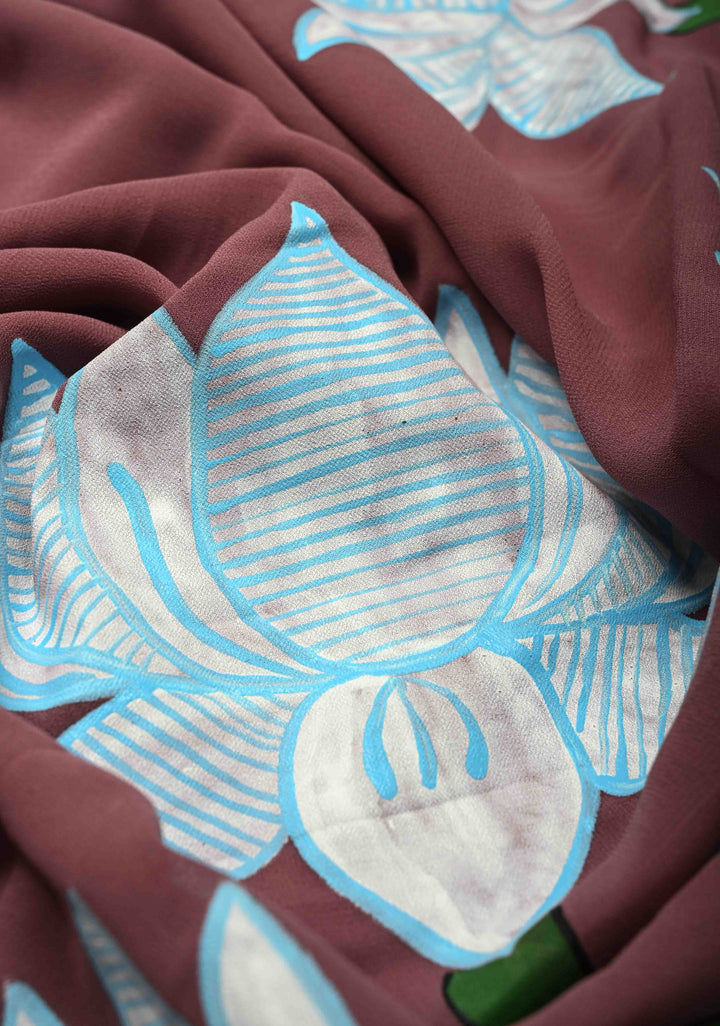 Fushia Pink Georgette Saree with Swan Hand Painting on Pallu, No Blouse Piece (Copy)