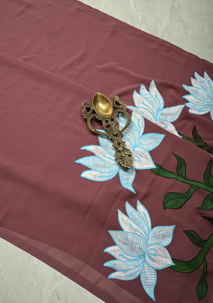 Fushia Pink Georgette Saree with Swan Hand Painting on Pallu, No Blouse Piece (Copy)