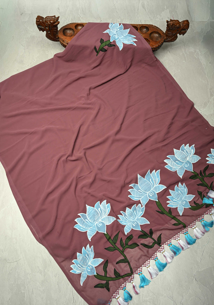Dusty Mauve Shimmer Georgette Saree with Lotus Hand Painting on Pallu, No Blouse Piece | SHOBITAM