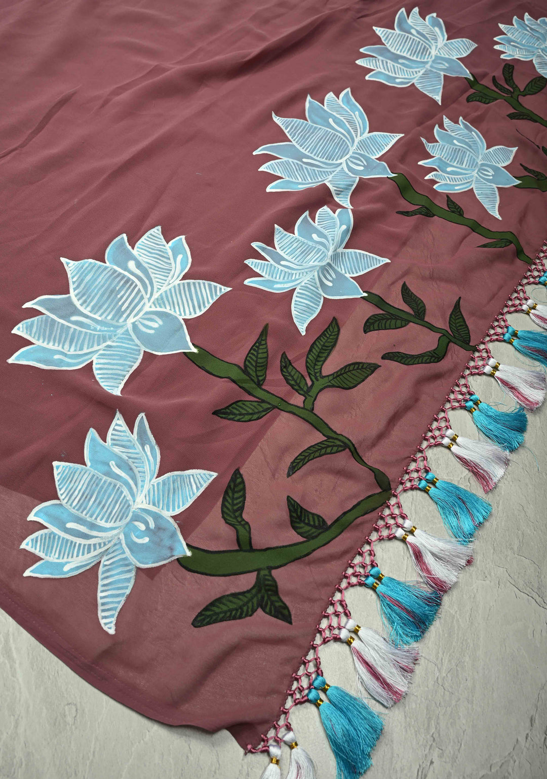 Dusty Mauve Shimmer Georgette Saree with Lotus Hand Painting on Pallu, No Blouse Piece | SHOBITAM
