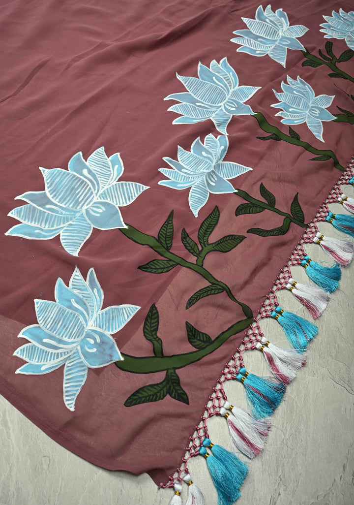 Dusty Mauve Shimmer Georgette Saree with Lotus Hand Painting on Pallu, No Blouse Piece | SHOBITAM