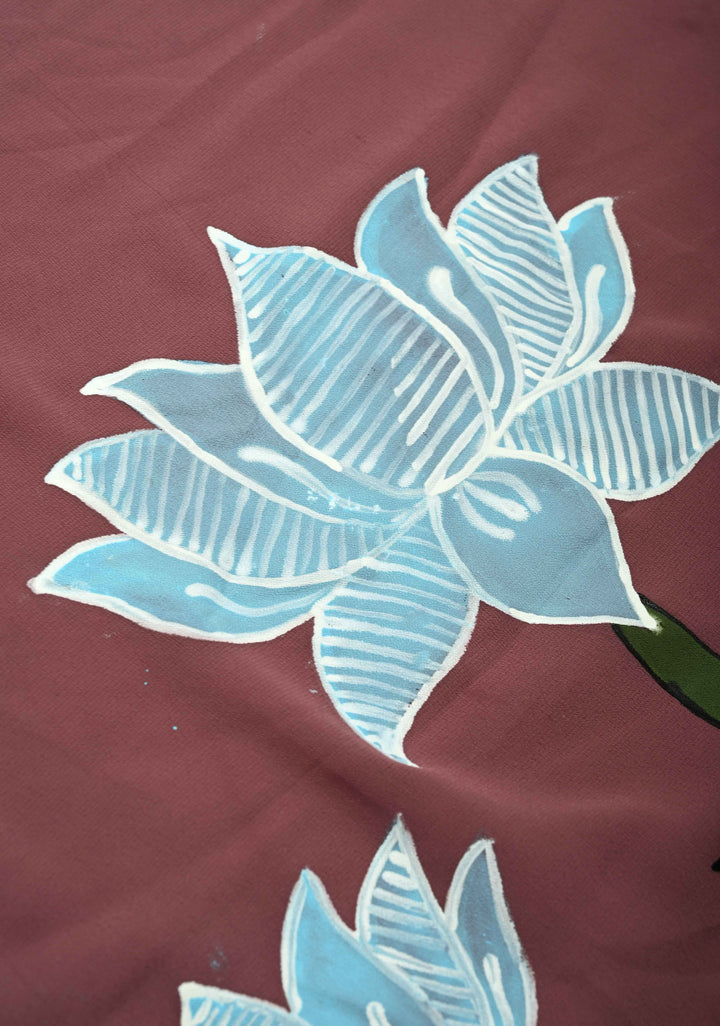 Dusty Mauve Shimmer Georgette Saree with Lotus Hand Painting on Pallu, No Blouse Piece | SHOBITAM